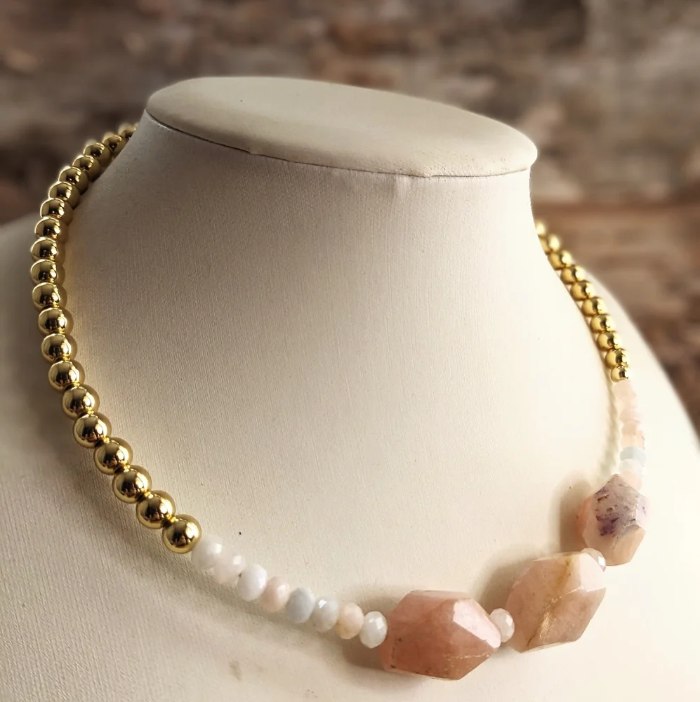 Natural Large Morganite Nugget & Beads With Gold Beads In Choker/Necklace